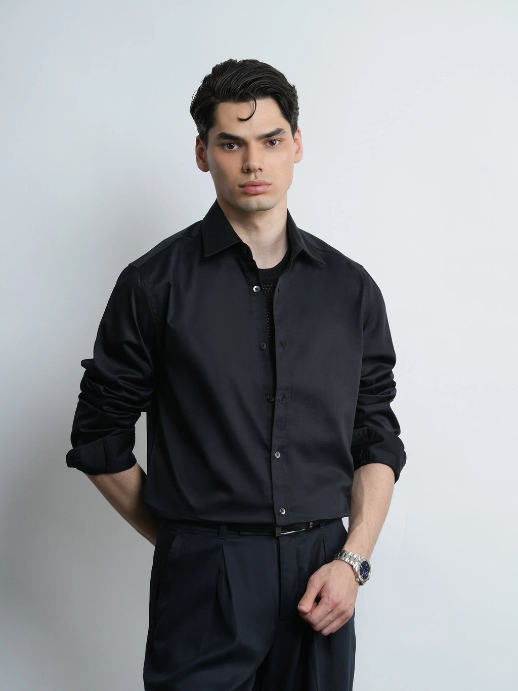Black Satin - Regular Fit Cotton Shirt