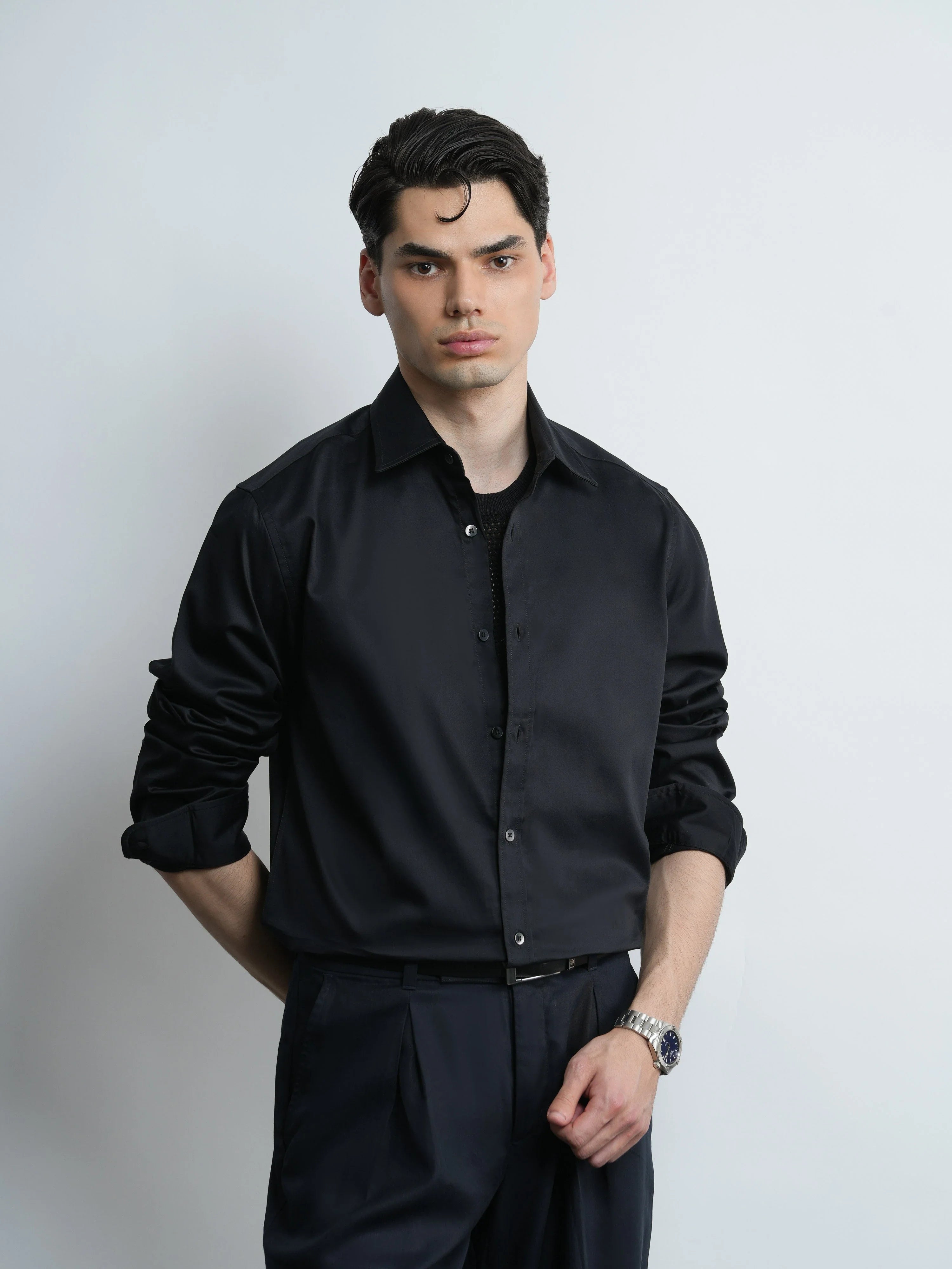 Black Satin - Regular Fit Cotton Shirt