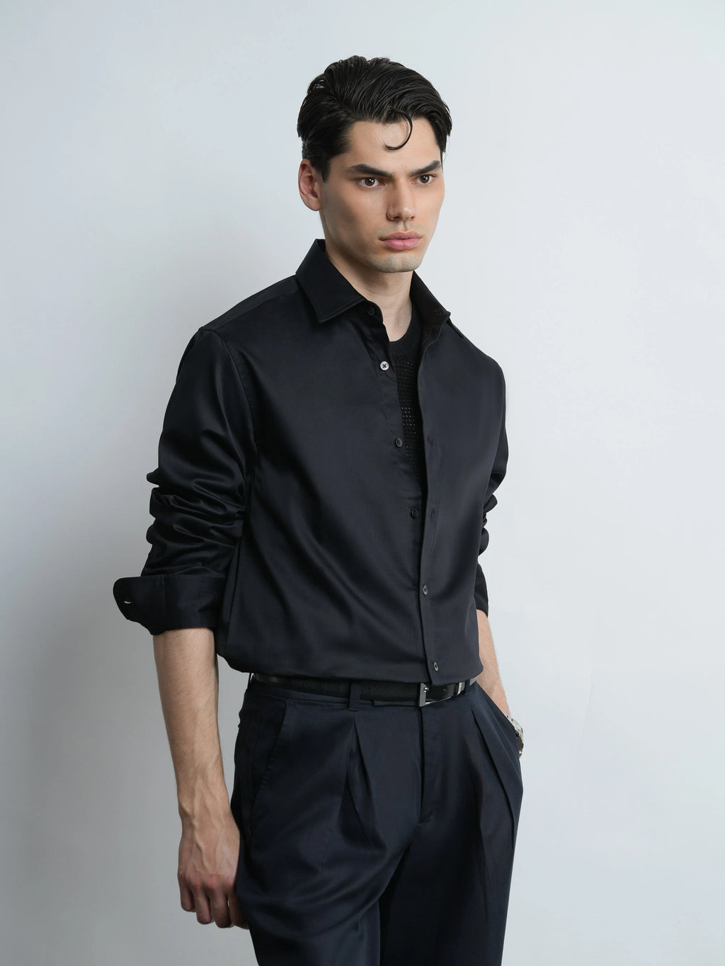 Black Satin - Regular Fit Cotton Shirt