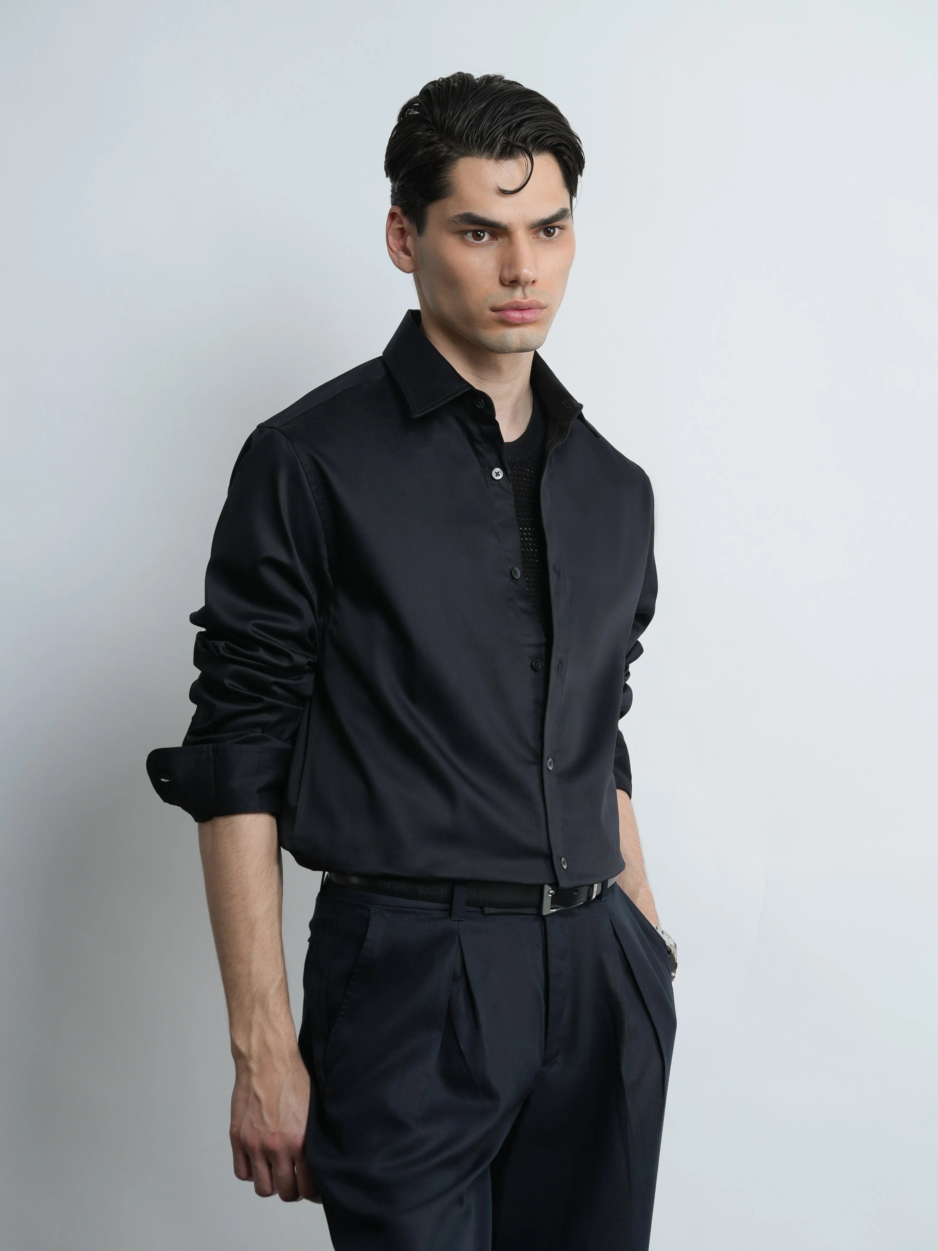 Black Satin - Regular Fit Cotton Shirt
