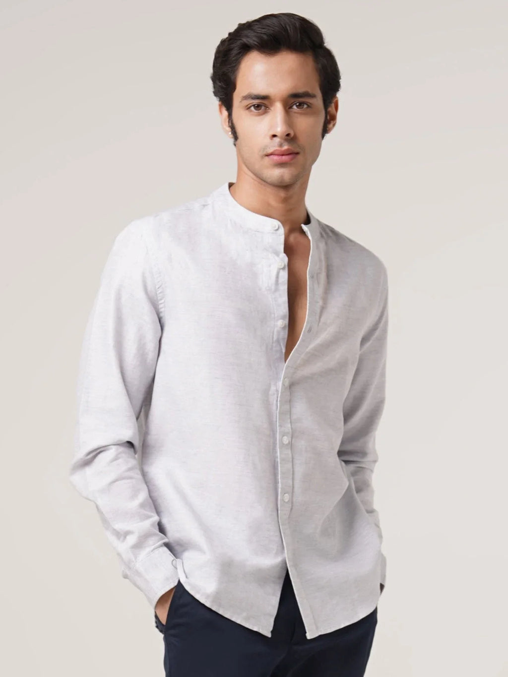 Mandarin Cotton - Textured Grey Regular Fit Shirt
