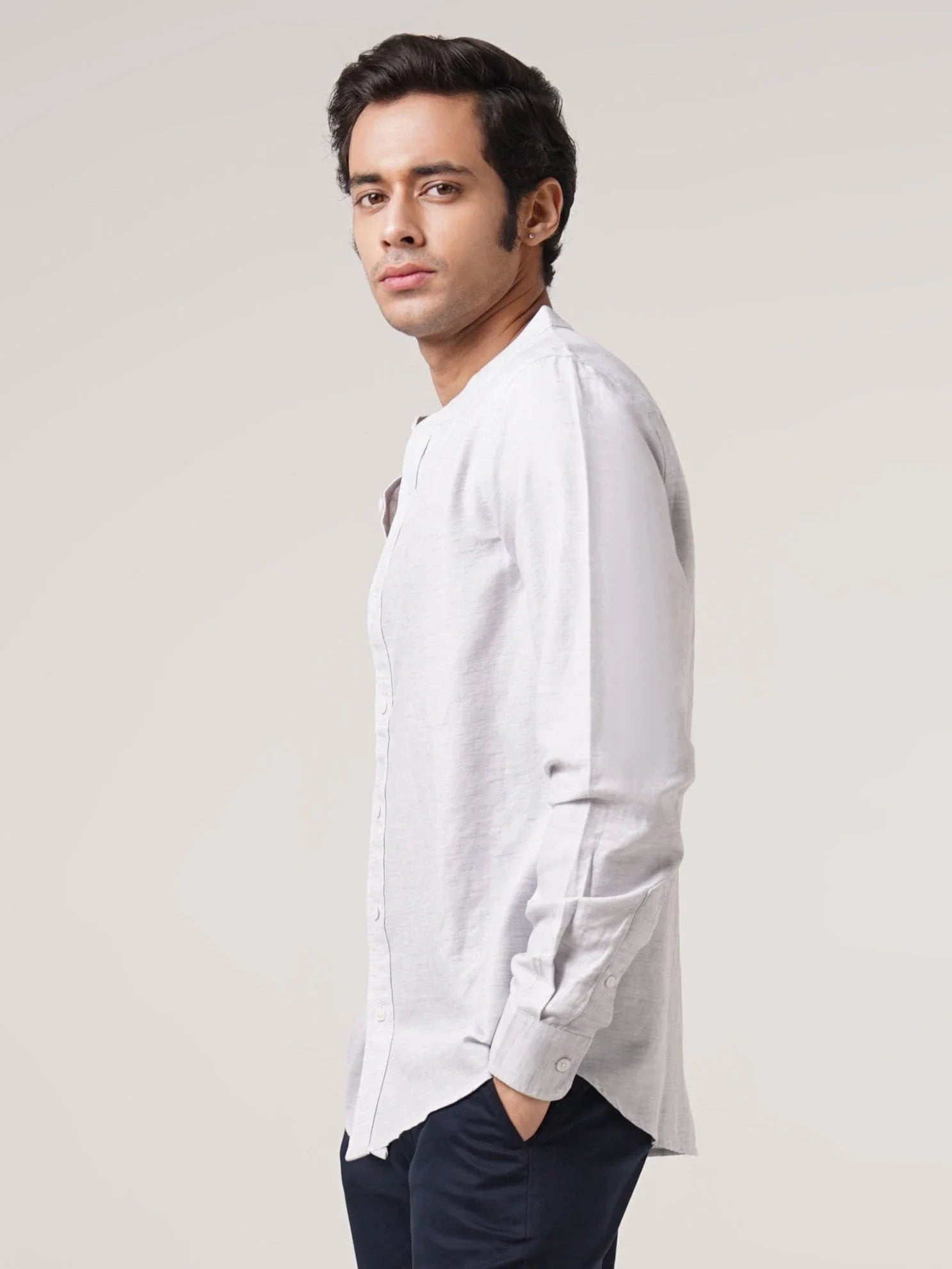 Mandarin Cotton - Textured Grey Regular Fit Shirt
