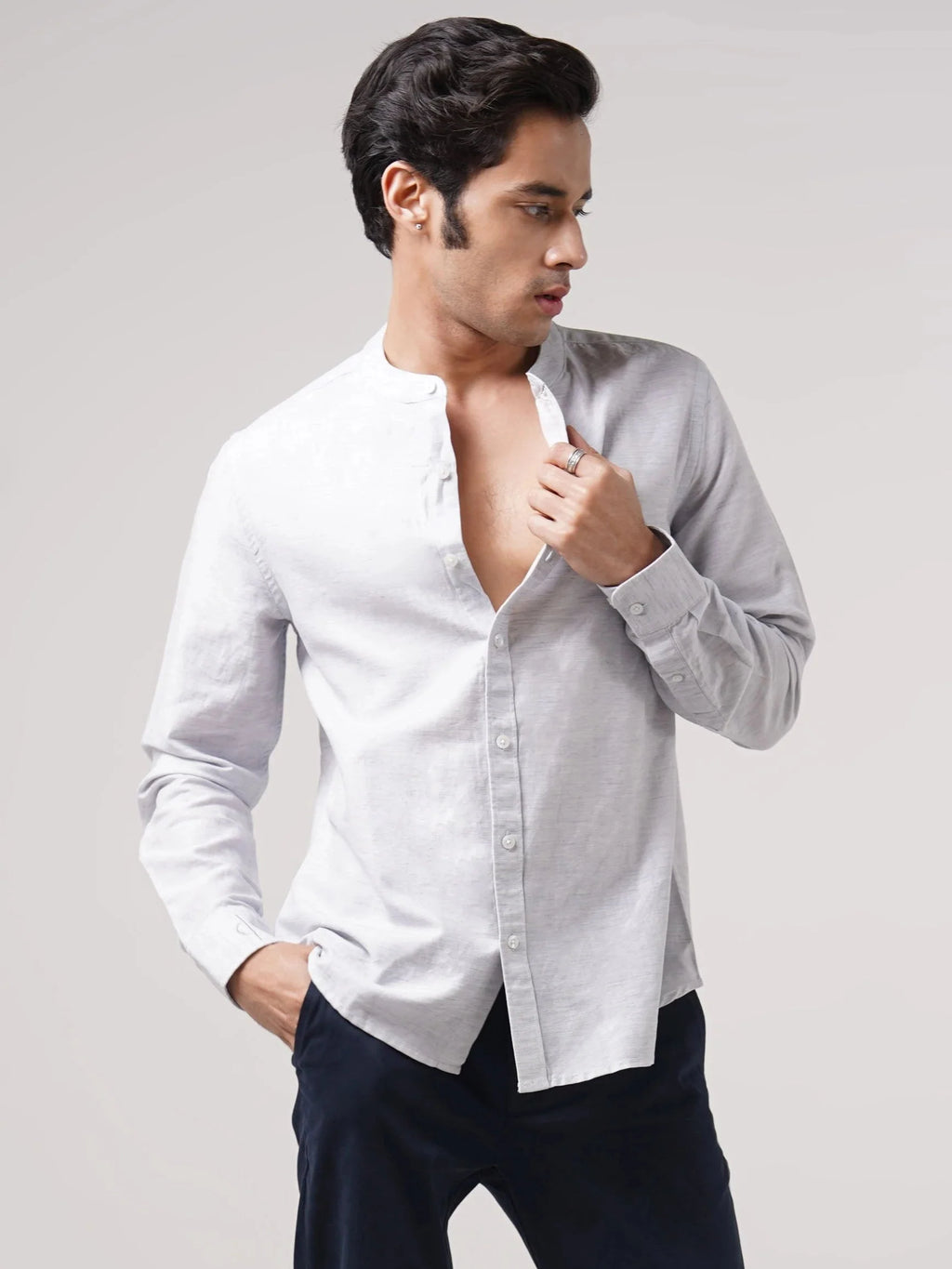 Mandarin Cotton - Textured Grey Regular Fit Shirt