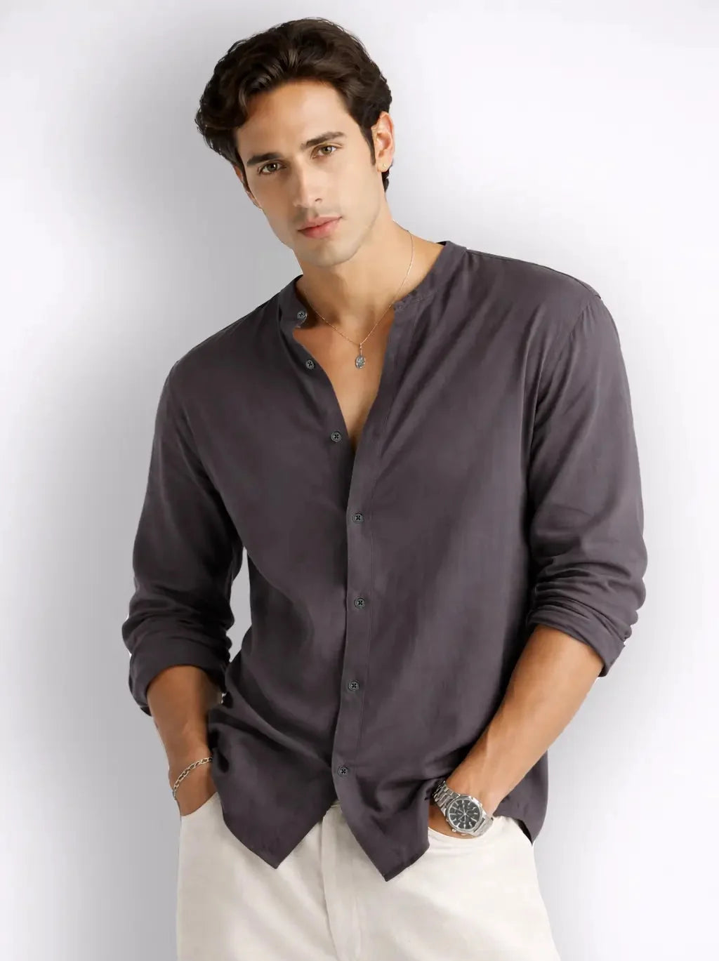 Mandarin AirLinen™ - Stone Grey Regular Fit Shirt