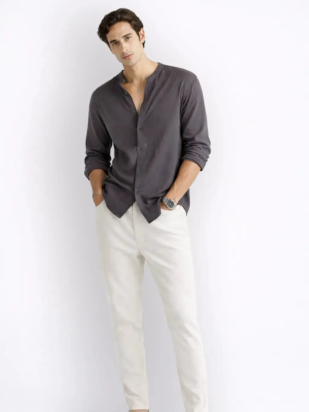 Mandarin AirLinen™ - Stone Grey Regular Fit Shirt