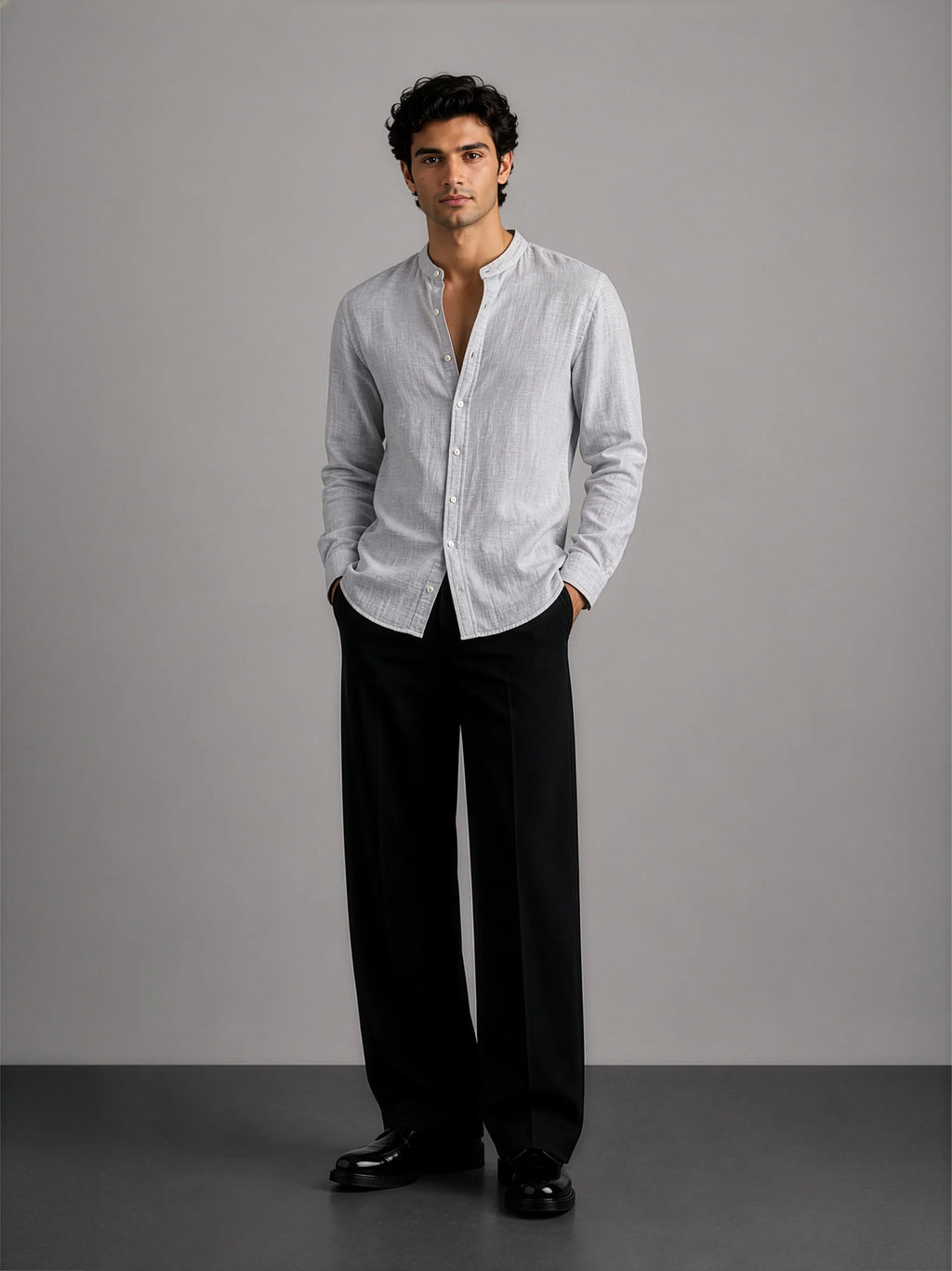 Mandarin Cotton - Textured Grey Regular Fit Shirt