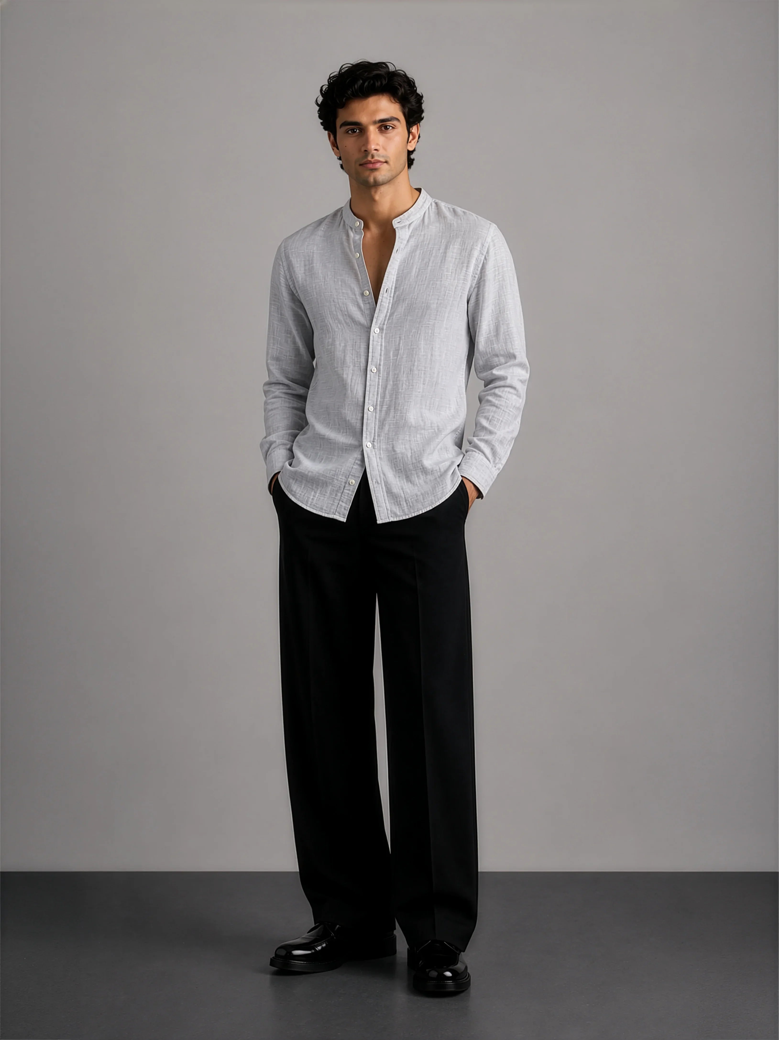 Mandarin Cotton - Textured Grey Regular Fit Shirt