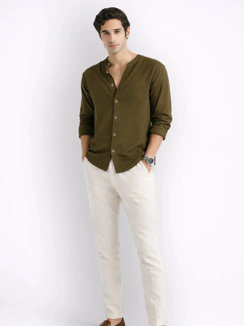 Mandarin AirLinen™ - Olive Regular Fit Shirt