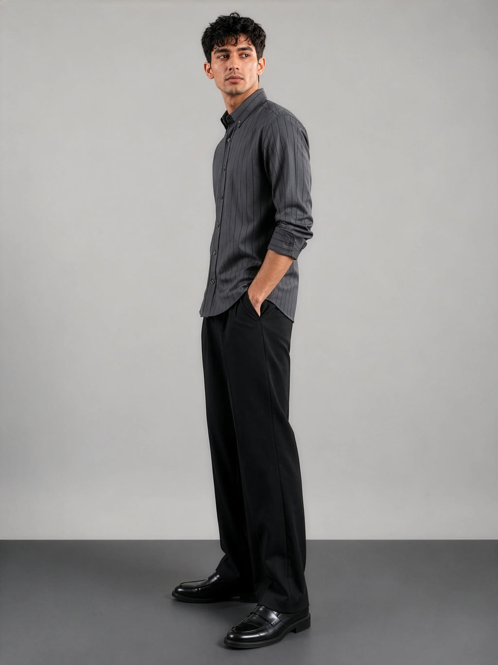 Grey Pinstripe Cotton Oxford Shirt - Slim Fit