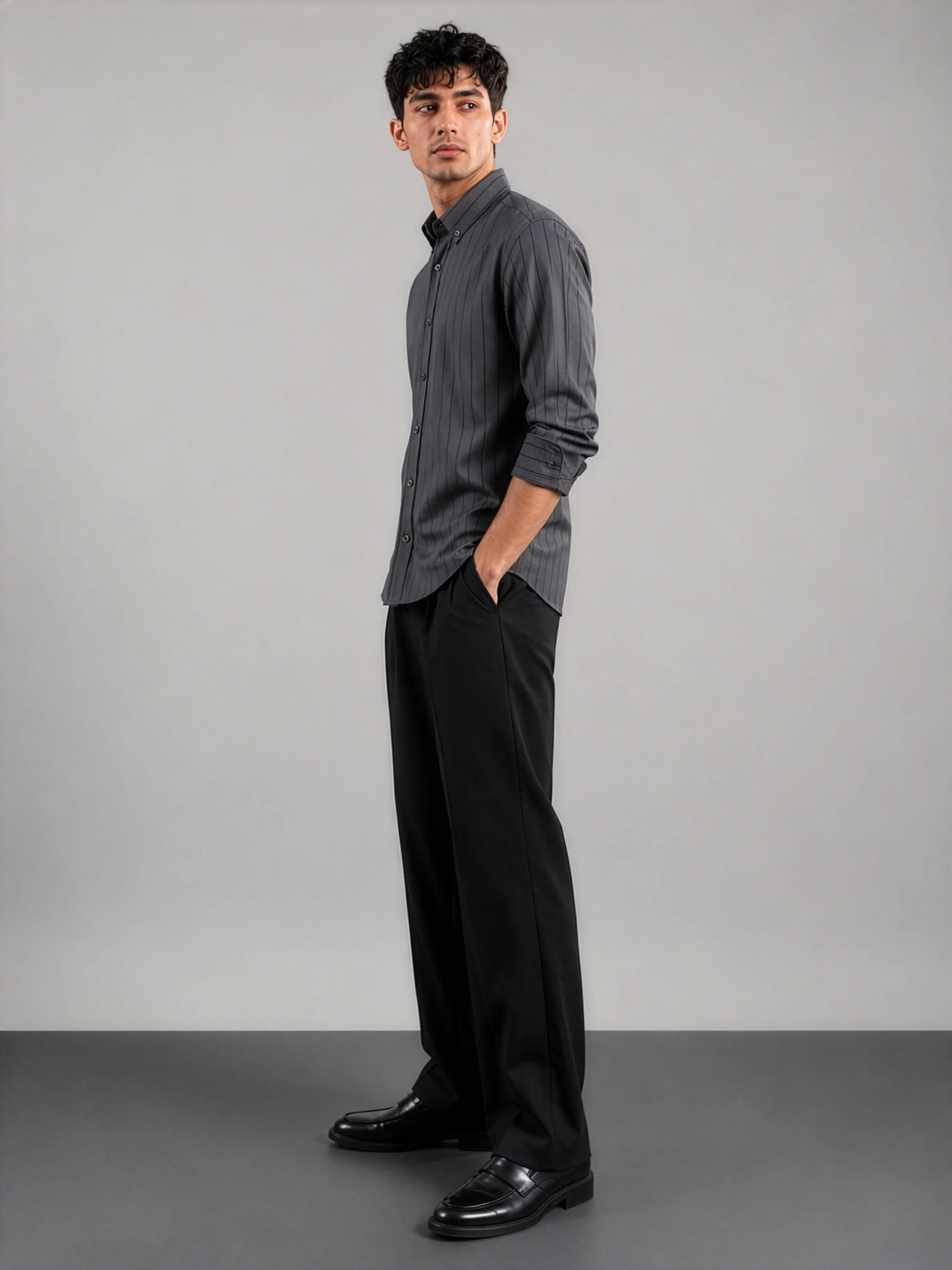 Grey Pinstripe Cotton Oxford Shirt - Slim Fit