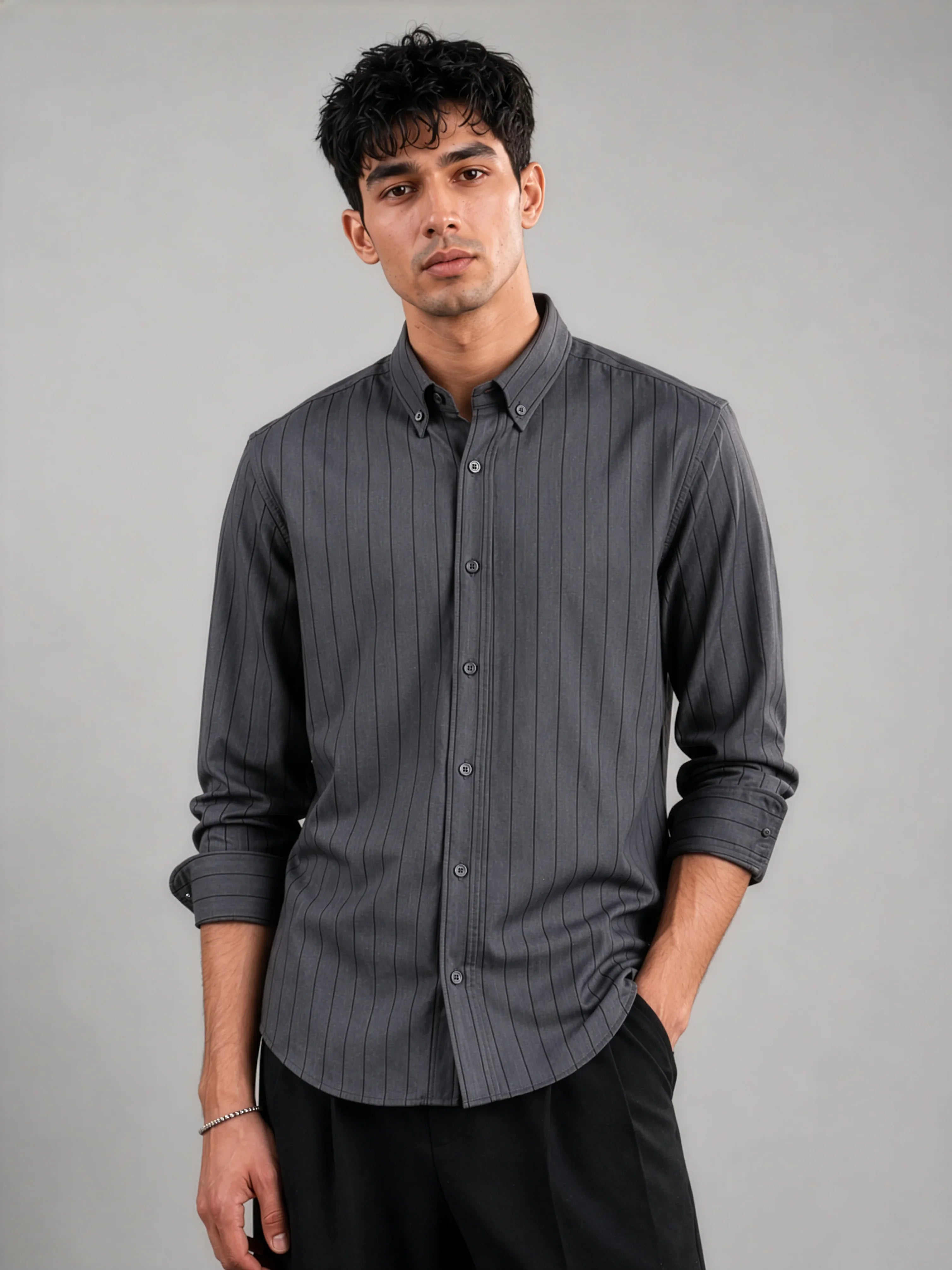 Grey Pinstripe Cotton Oxford Shirt - Slim Fit