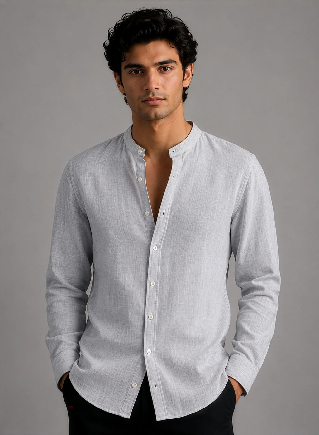 Mandarin Cotton - Textured Grey Regular Fit Shirt