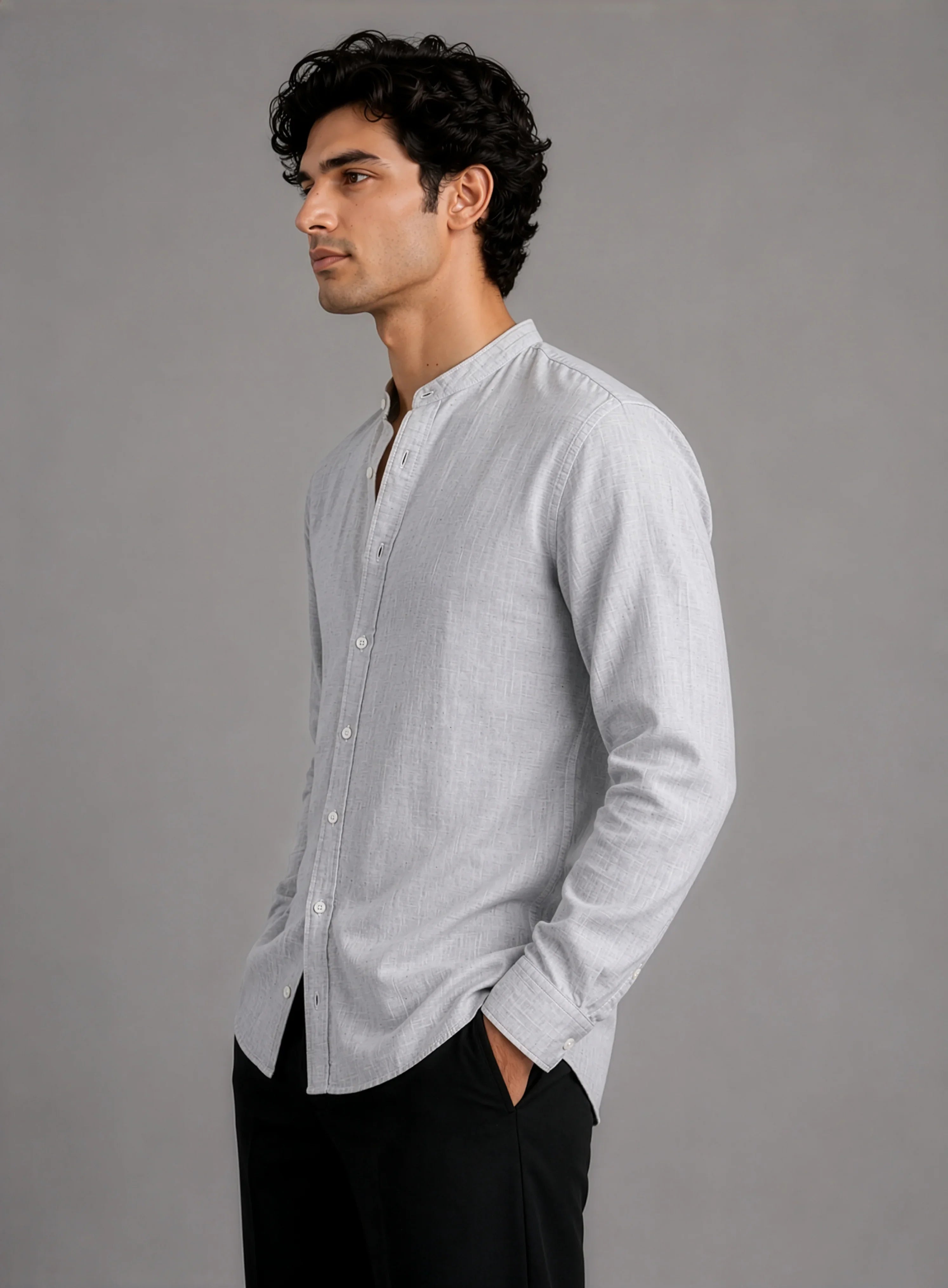Mandarin Cotton - Textured Grey Regular Fit Shirt