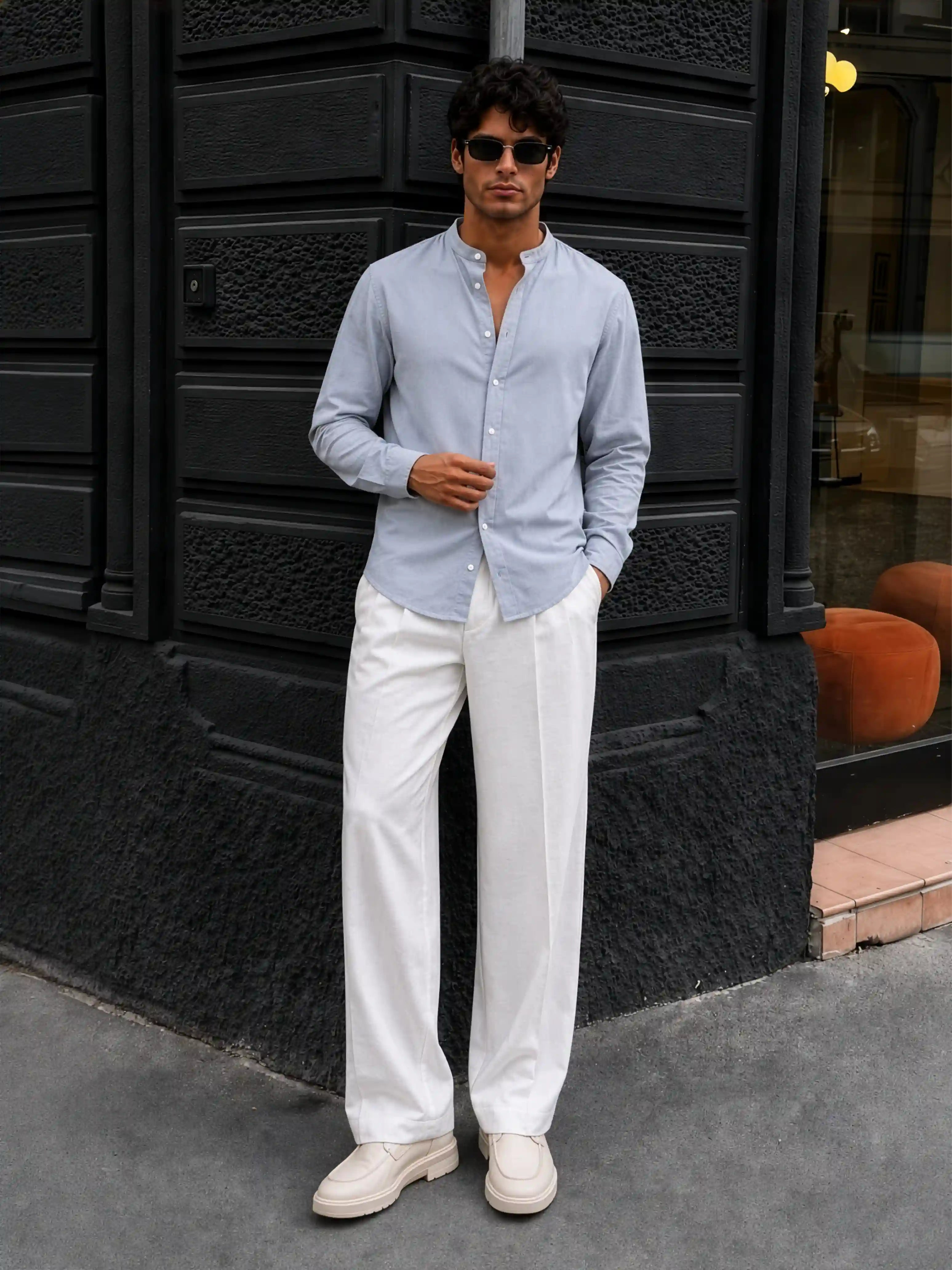 Mandarin AirLinen™ - Pastel Blue Regular Fit Shirt